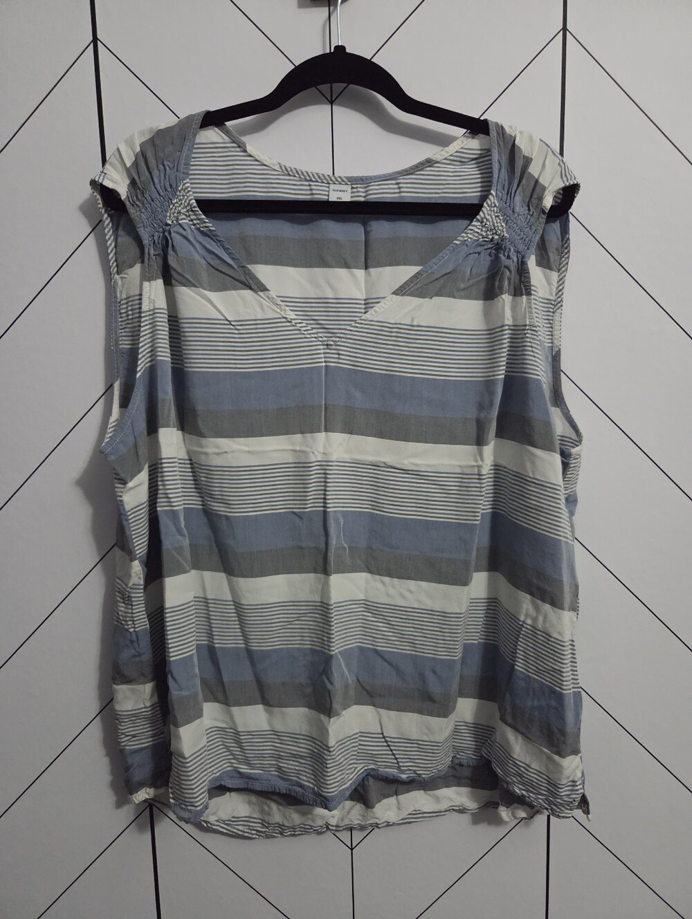 Old Navy Blue, Grey & White Striped Sleeveless Ruched Shoulder V-Neck Top, XXL